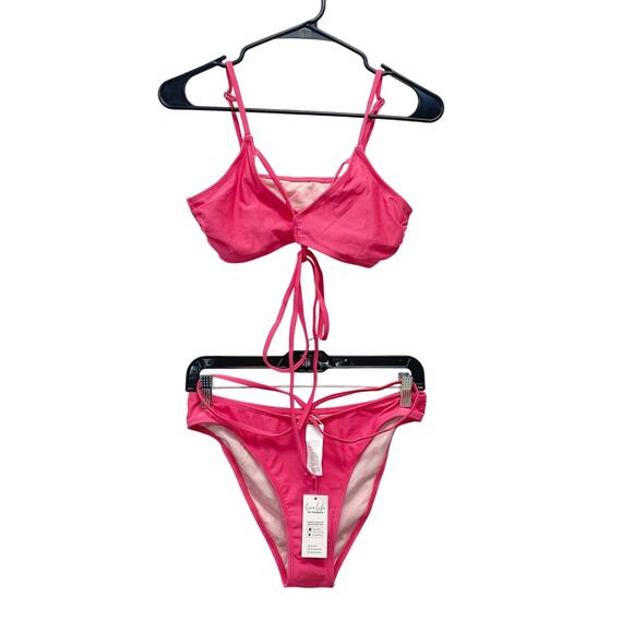 Cupshe Emerge Strappy Tie Back & High Waist Hipster Bikini Set Pink Size Medium - Picture 1 of 7